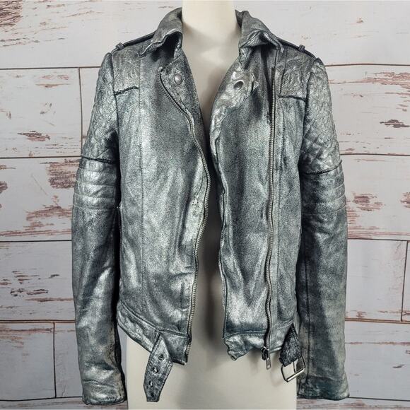 Revolve Muubaa Minsk Suede Quilted Leather Biker Jacket Silver Size 4 - Picture 2 of 16